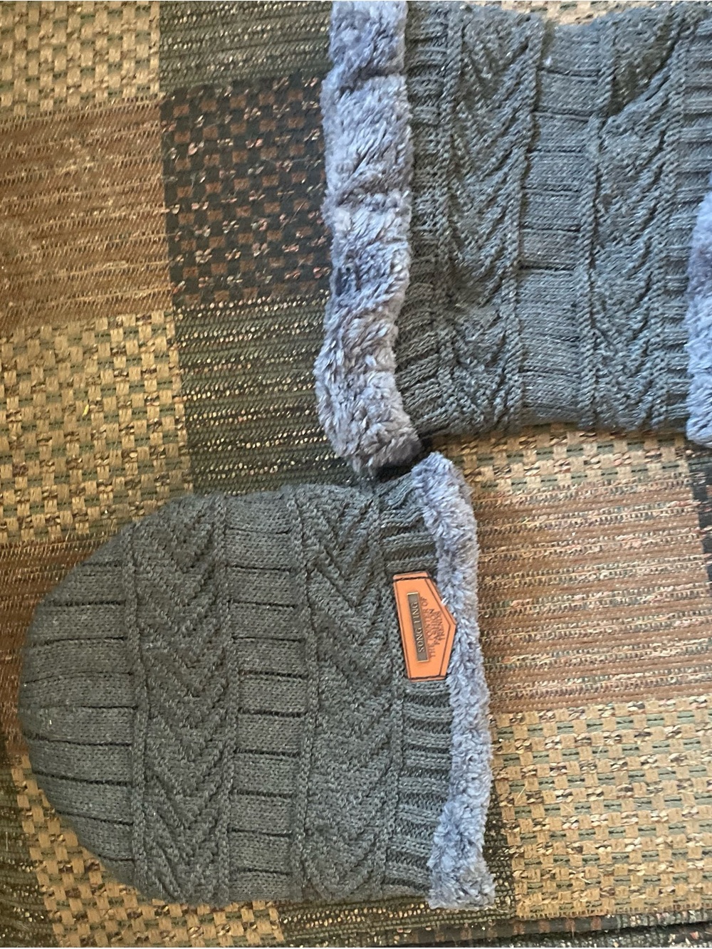 Gray Cable Knit Beanie with Faux Fur Lining with neck warmer matching set